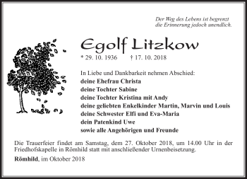 Traueranzeige von Egolf Litzkow von Südthüringer Presse