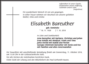 Traueranzeige von Elisabeth Bareuther von Frankenpost