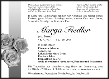 Traueranzeige von Marga Fiedler von Südthüringer Presse