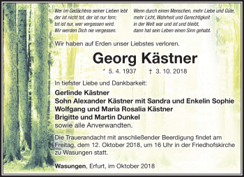 Traueranzeige von Georg Kästner von Südthüringer Presse