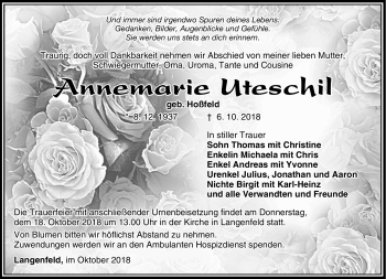 Traueranzeige von Annemarie Uteschil von Südthüringer Presse