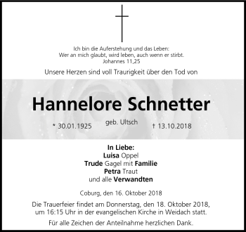 Traueranzeige von Hannelore Schnetter von Neue Presse Coburg