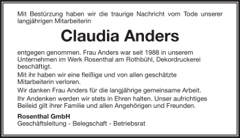 Traueranzeige von Claudia Anders von Frankenpost