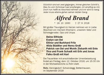 Traueranzeige von Alfred Brand von Südthüringer Presse