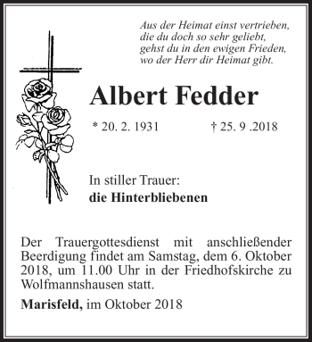 Traueranzeige von Albert Fedder von Südthüringer Presse