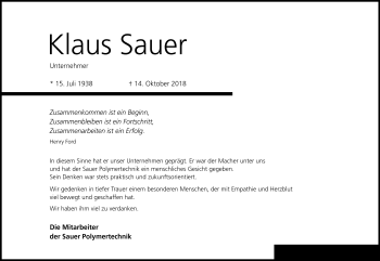 Traueranzeige von Klaus Sauer von Neue Presse Coburg
