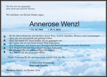 Traueranzeige von Annerose Wenzl von Südthüringer Presse