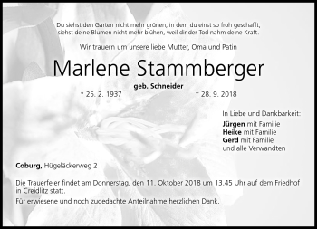 Traueranzeige von Marlene Stammberger von Neue Presse Coburg