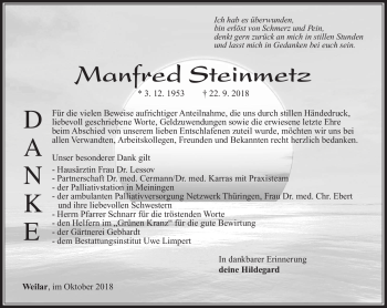 Traueranzeige von Manfred Steinmetz von Südthüringer Presse