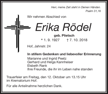 Traueranzeige von Erika Rödel von Frankenpost