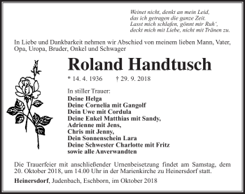 Traueranzeige von Roland Handtusch von Südthüringer Presse