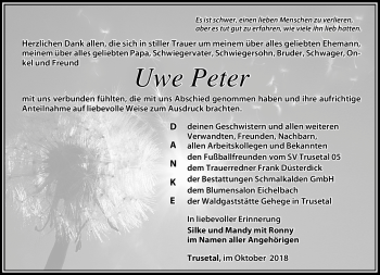 Traueranzeige von Uwe Peter von Südthüringer Presse
