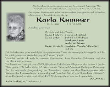 Traueranzeige von Karla Kummer von Südthüringer Presse