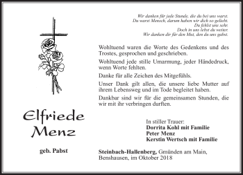 Traueranzeige von Elfriede Menz von Südthüringer Presse