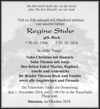 Traueranzeige von Regine Stuhr von Südthüringer Presse