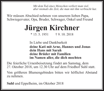 Traueranzeige von Jürgen Kirchner von Südthüringer Presse