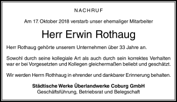 Traueranzeige von Erwin Rothaug von Neue Presse Coburg