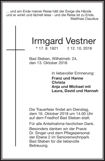Traueranzeige von Irmgard Vestner von Frankenpost