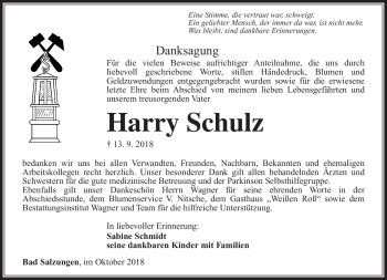 Traueranzeige von Harry Schulz von Südthüringer Presse