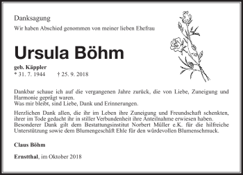 Traueranzeige von Ursula Böhm von Südthüringer Presse