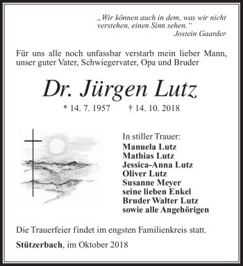 Traueranzeige von Jürgen Lutz von Südthüringer Presse