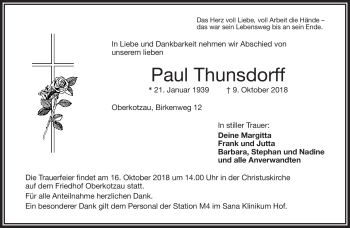 Traueranzeige von Paul Thunsdorff von Frankenpost