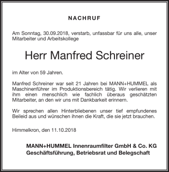 Traueranzeige von Manfred Schreiner von Frankenpost