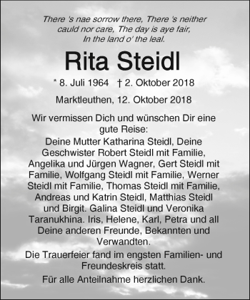 Traueranzeige von Rita Steidl von Frankenpost