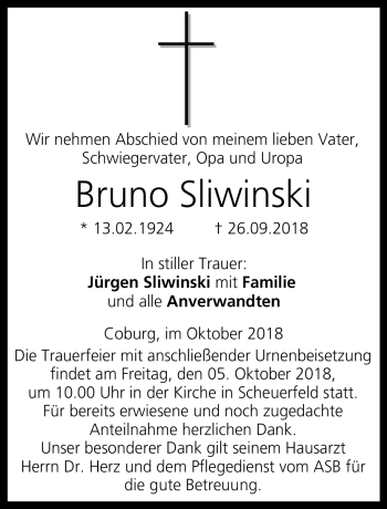 Traueranzeige von Bruno Sliwinski von Neue Presse Coburg
