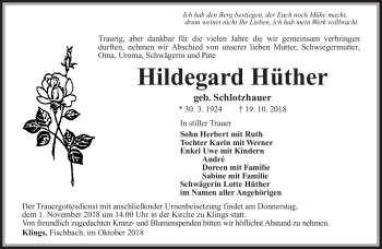 Traueranzeige von Hildegard Hüther von Südthüringer Presse