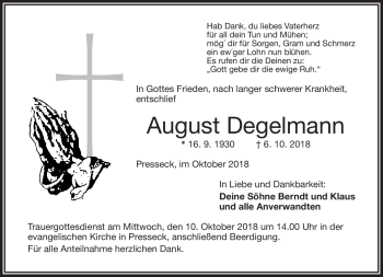 Traueranzeige von August Degelmann von Frankenpost