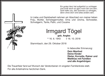 Traueranzeige von Irmgard Tögel von Frankenpost