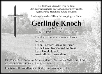 Traueranzeige von Gerlinde Knoch von Südthüringer Presse
