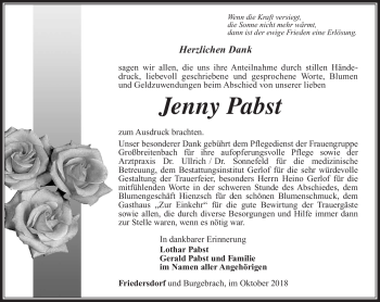 Traueranzeige von Jenny Pabst von Südthüringer Presse