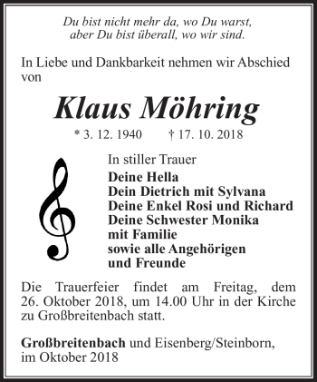 Traueranzeige von Klaus Möhring von Südthüringer Presse