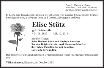 Traueranzeige von Elise Stütz von Südthüringer Presse