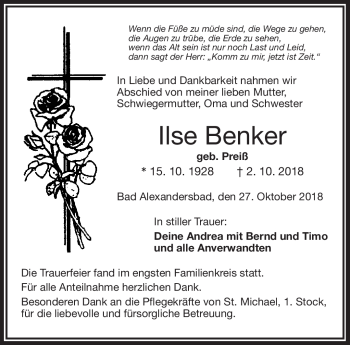 Traueranzeige von Ilse Benker von Frankenpost