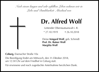 Traueranzeige von Alfred Wolf von Neue Presse Coburg