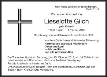 Traueranzeige von Lieselotte Gilch von Frankenpost