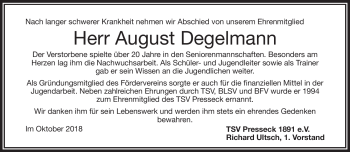 Traueranzeige von August Degelmann von Frankenpost