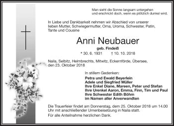 Traueranzeige von Anni Neubauer von Frankenpost