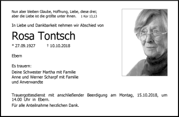 Traueranzeige von Rosa Tontsch von Neue Presse Coburg