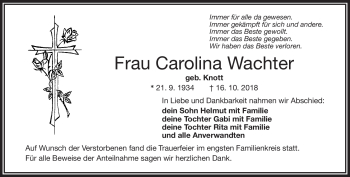 Traueranzeige von Wachter Carolina von Frankenpost