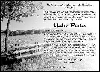 Traueranzeige von Udo Patz von Südthüringer Presse