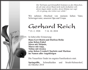Traueranzeige von Gerhard Reich von Südthüringer Presse