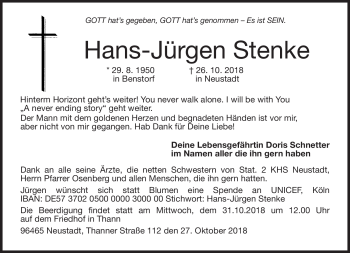 Traueranzeige von Hans-Jürgen Stenke von Neue Presse Coburg
