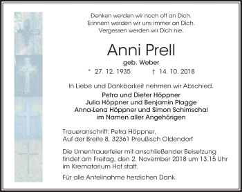 Traueranzeige von Anni Prell von Frankenpost