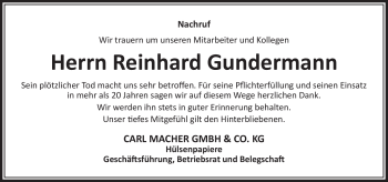 Traueranzeige von Reinhard Gundermann von Frankenpost