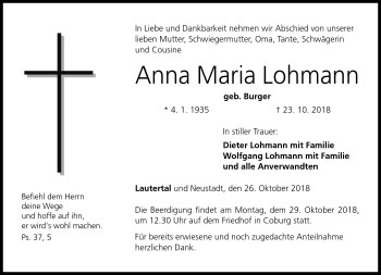 Traueranzeige von Anna Maria Lohmann von Neue Presse Coburg