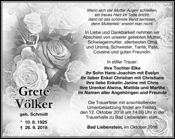 Traueranzeige von Grete Völker von Südthüringer Presse